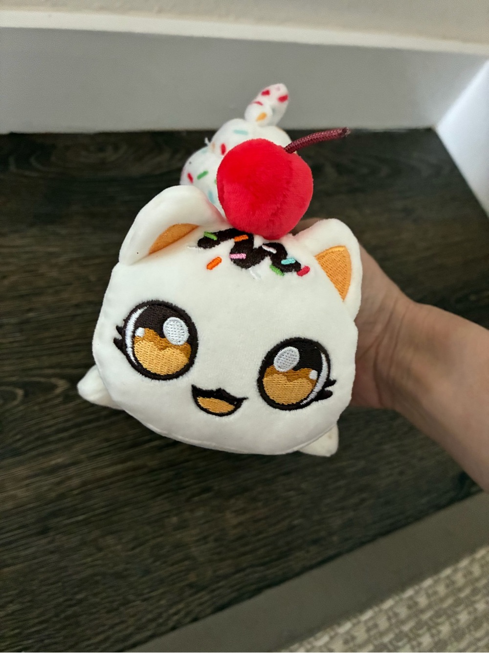 White Plush Cat with Cherry Top - Cute Sprinkles Design